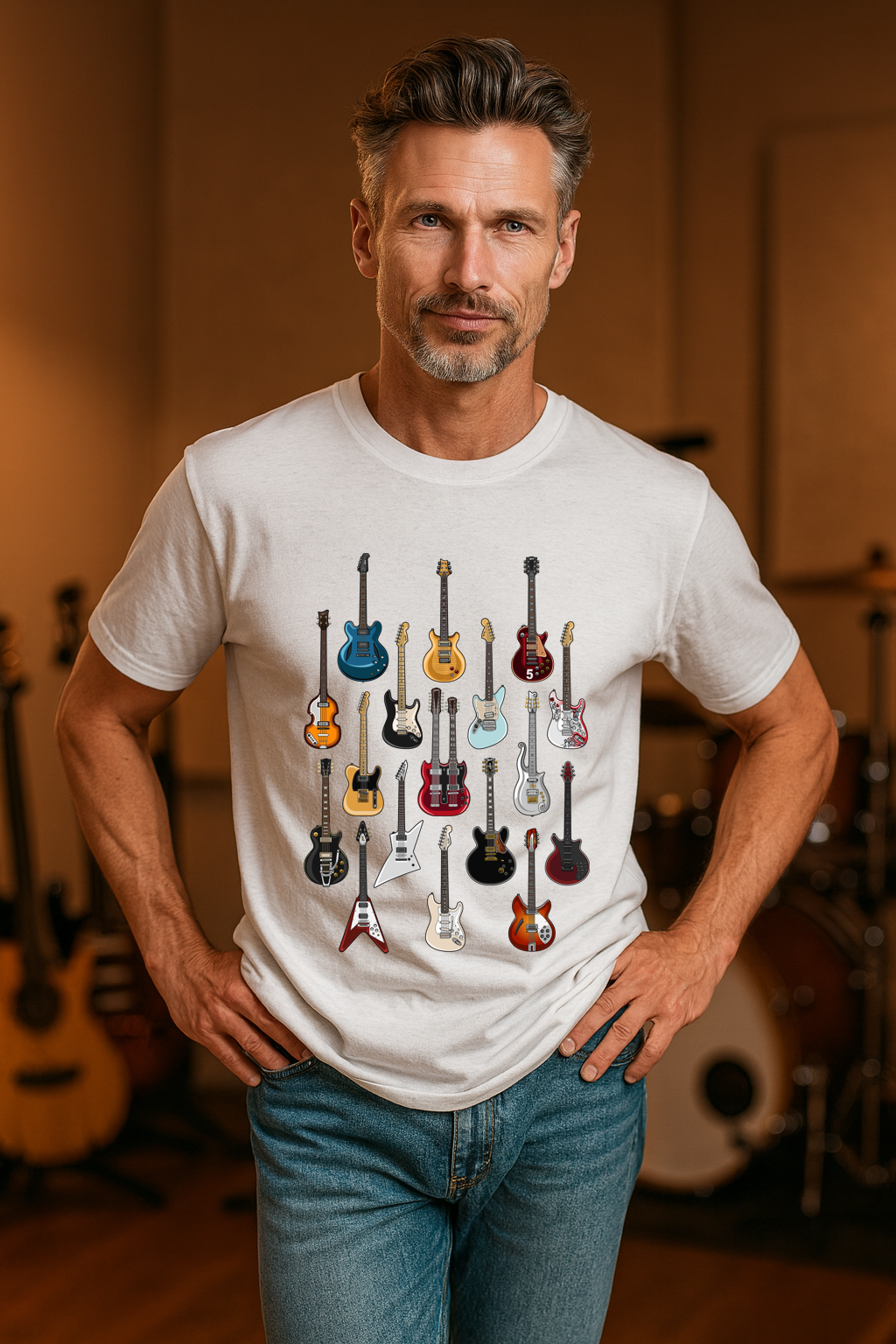 FAMOUS GUITARS T-SHIRT– WHITE MARLE | ISTHATSO-David Smith Australia